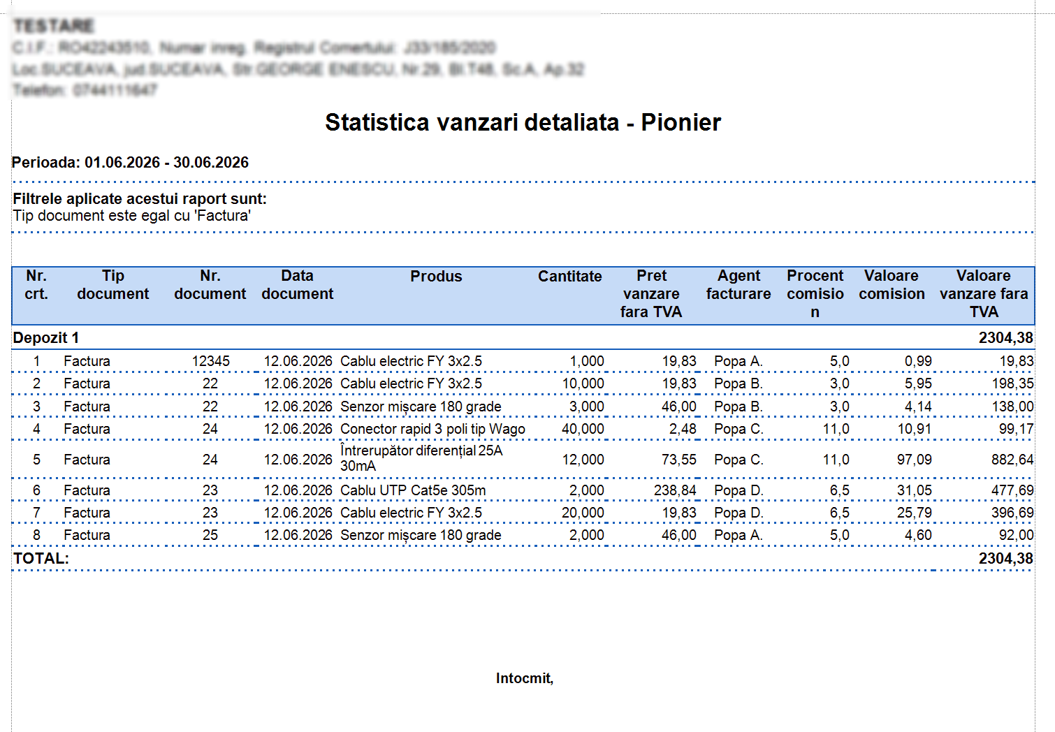 Raport statistică vânzări detaliată obținut după instrucțiunile Pionier AI